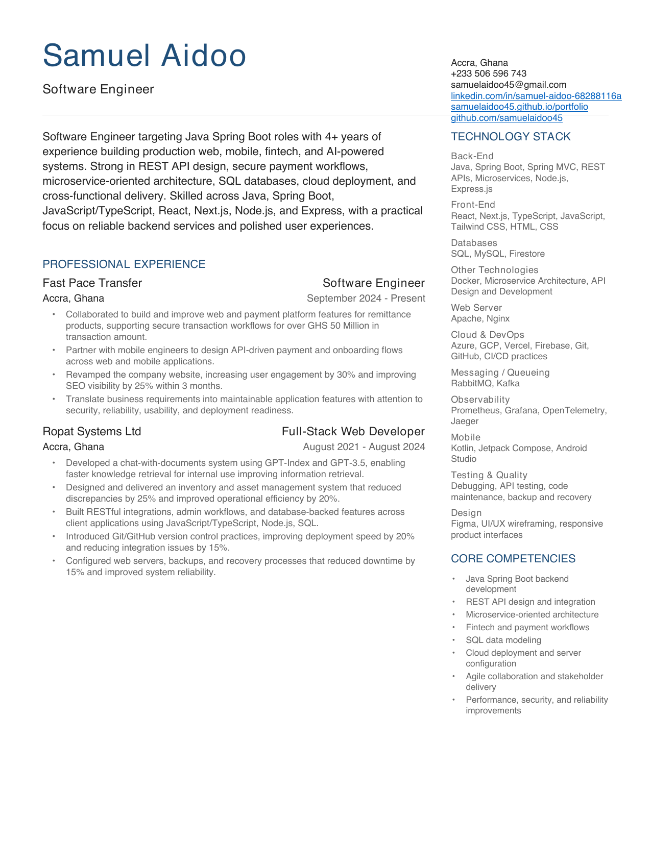 Preview of Samuel Aidoo's software engineering CV